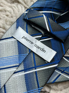 Pierre Cardin Mens Blue Grey White Diagonal Plaid Polyester Dress Tie