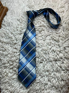 Pierre Cardin Mens Blue Grey White Diagonal Plaid Polyester Dress Tie