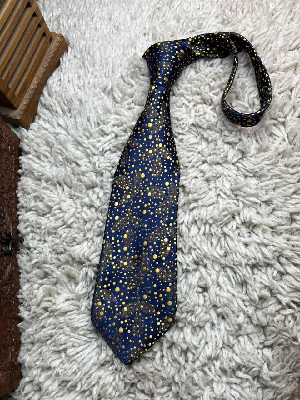 FRANGI Mens Navy Blue Gold Scattered Polka Dot Floral Italian Silk Dress Tie