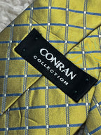 CONRAN COLLECTION Mens Yellow Gold Blue White Grid Check 100% Silk Dress Tie