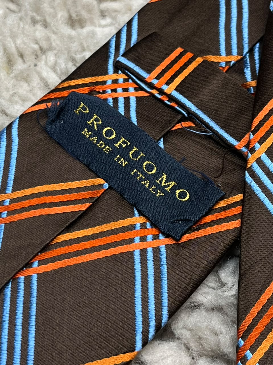PROFUOMO Mens Brown Blue Orange Diagonal Plaid Italian Silk Dress Tie