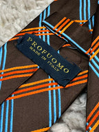 PROFUOMO Mens Brown Blue Orange Diagonal Plaid Italian Silk Dress Tie