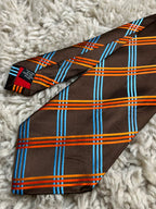 PROFUOMO Mens Brown Blue Orange Diagonal Plaid Italian Silk Dress Tie