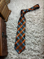 PROFUOMO Mens Brown Blue Orange Diagonal Plaid Italian Silk Dress Tie