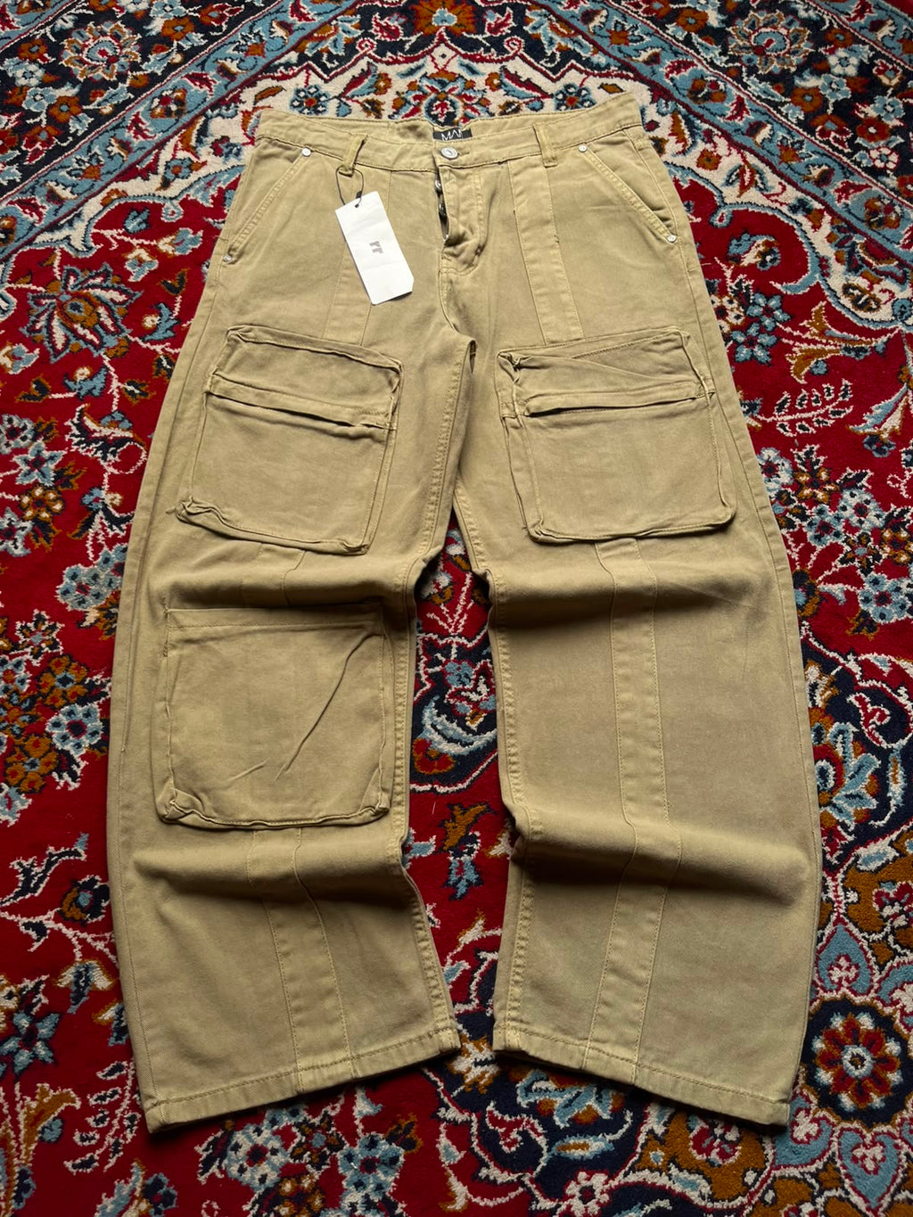 BoohooMAN Khaki Tan Multi Pocket Baggy Cargo Pants - 34