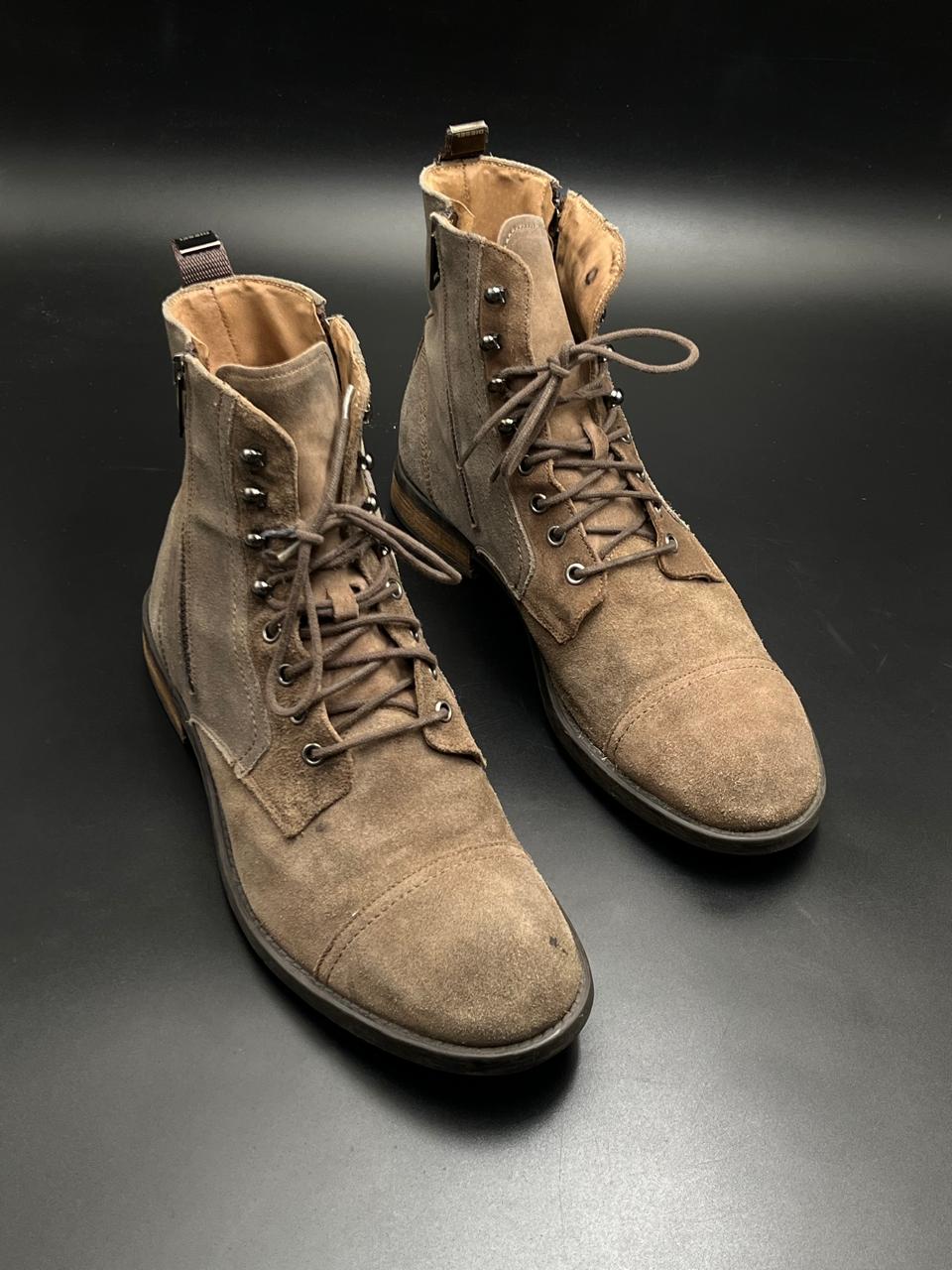 DIESEL Mens Taupe Suede Cap Toe Lace-Up Side Zip Boots - 42
