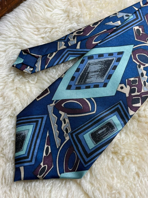 90s Made in Korea Tie - Blue Turquoise Memphis Abstract Geometric Necktie