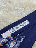 Vintage Kaga Yuzen Japanese Silk Hand Dyed Floral Phoenix Crane Pattern Navy Blue Tie