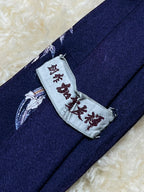 Vintage Kaga Yuzen Japanese Silk Hand Dyed Floral Phoenix Crane Pattern Navy Blue Tie