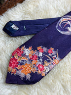 Vintage Kaga Yuzen Japanese Silk Hand Dyed Floral Phoenix Crane Pattern Navy Blue Tie