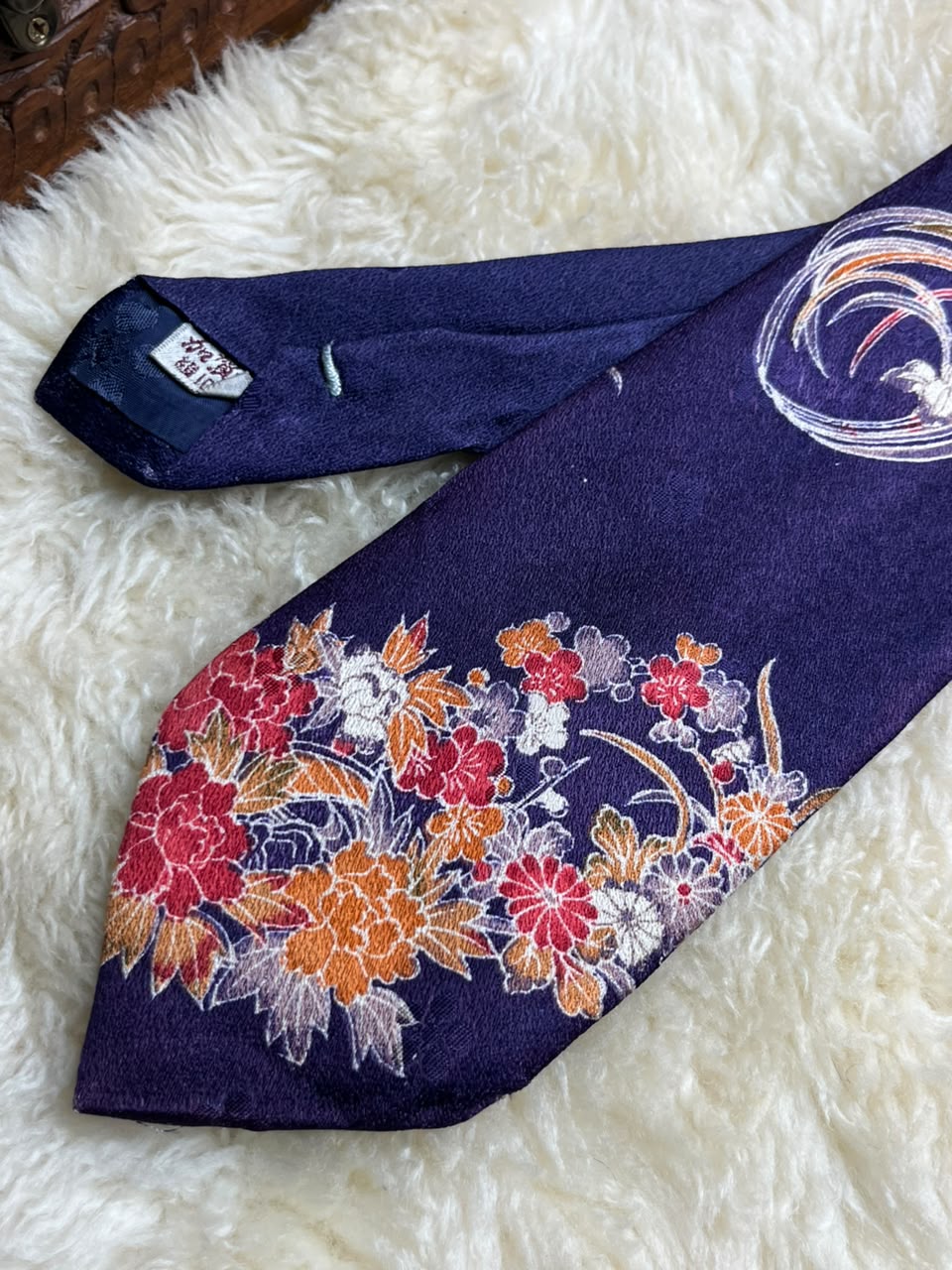 Vintage Kaga Yuzen Japanese Silk Hand Dyed Floral Phoenix Crane Pattern Navy Blue Tie