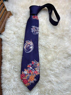Vintage Kaga Yuzen Japanese Silk Hand Dyed Floral Phoenix Crane Pattern Navy Blue Tie