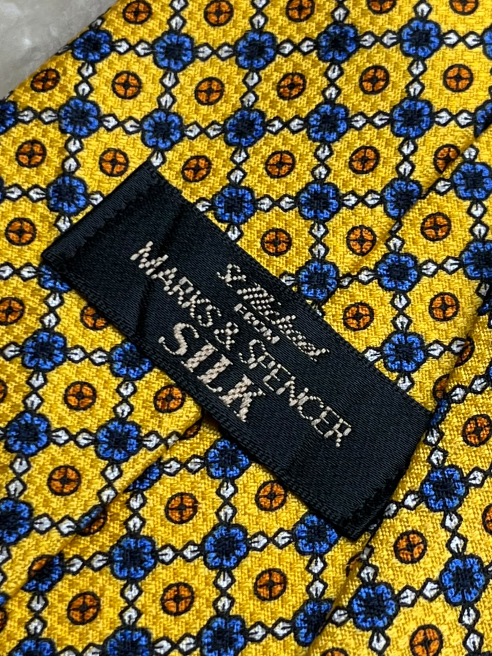 St Michael Marks & Spencer Silk  - Yellow Blue Geometric Foulard Tie