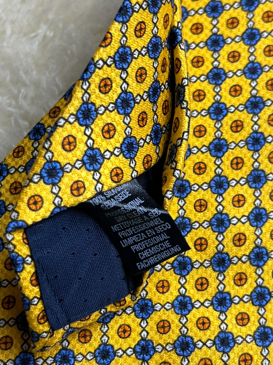 St Michael Marks & Spencer Silk  - Yellow Blue Geometric Foulard Tie
