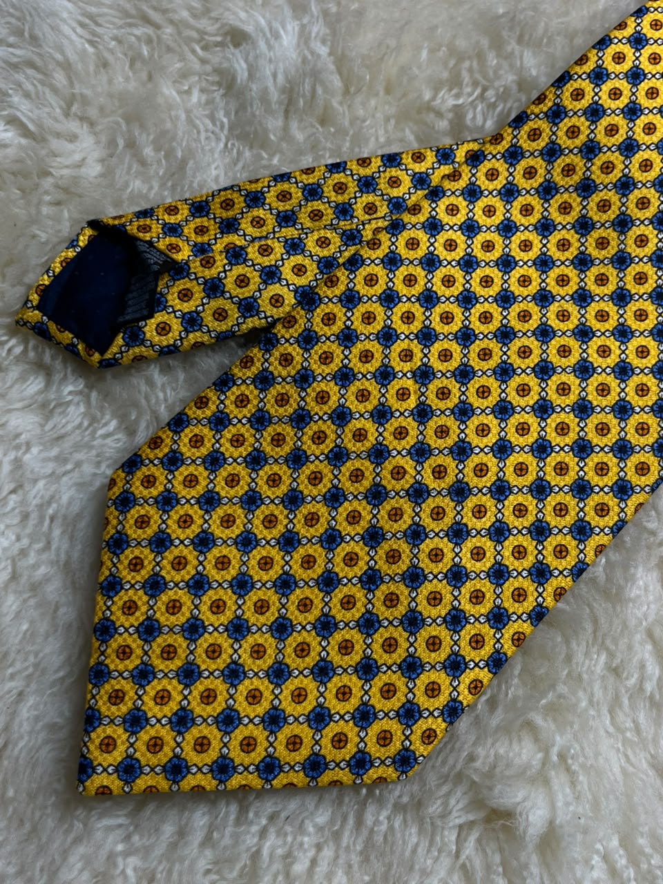 St Michael Marks & Spencer Silk  - Yellow Blue Geometric Foulard Tie