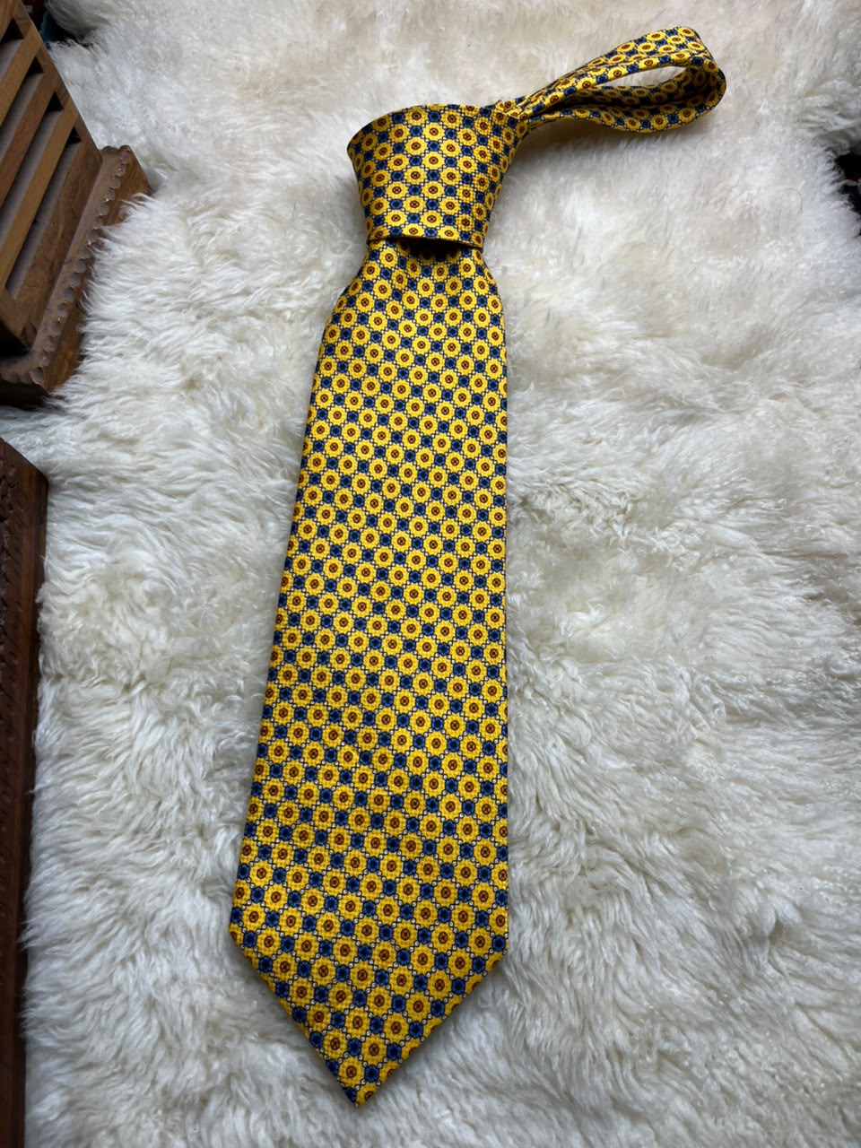 St Michael Marks & Spencer Silk  - Yellow Blue Geometric Foulard Tie