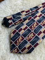Bhs Pure Silk - Charcoal Burgundy Geometric Leaf Print Tie