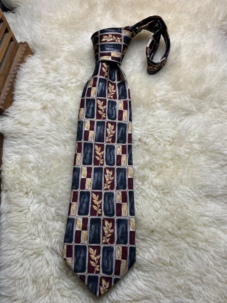 Bhs Pure Silk - Charcoal Burgundy Geometric Leaf Print Tie
