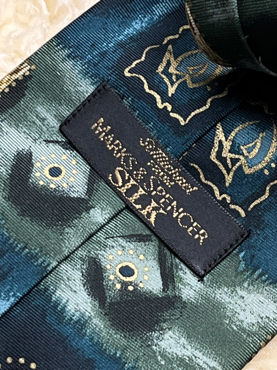Marks & Spencer Pure Silk - Teal Green Abstract Gold Emblem Tie