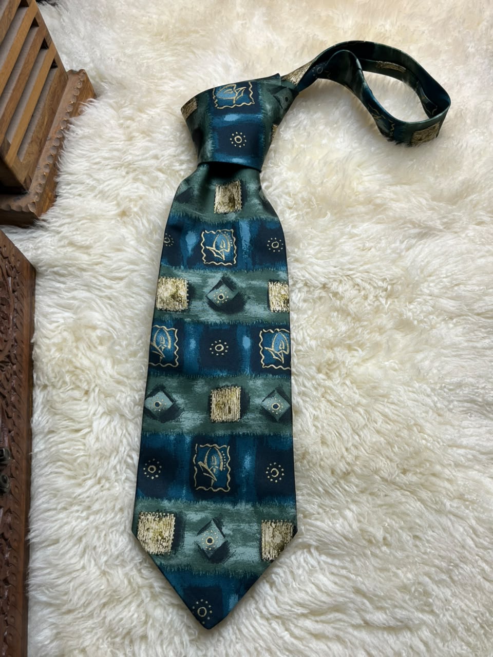 Marks & Spencer Pure Silk - Teal Green Abstract Gold Emblem Tie