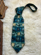 Marks & Spencer Pure Silk - Teal Green Abstract Gold Emblem Tie