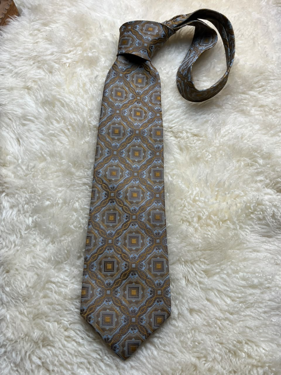 Folkespeare Trevira - Brown Gold Blue Baroque Geometric Pattern tie
