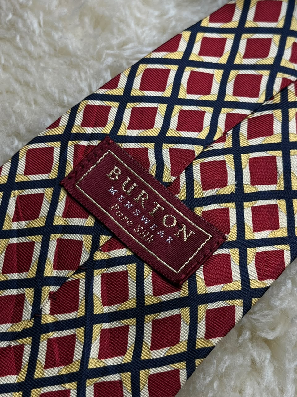 Burton Menswear Silk - Red Navy Gold Geometric Diamond tie