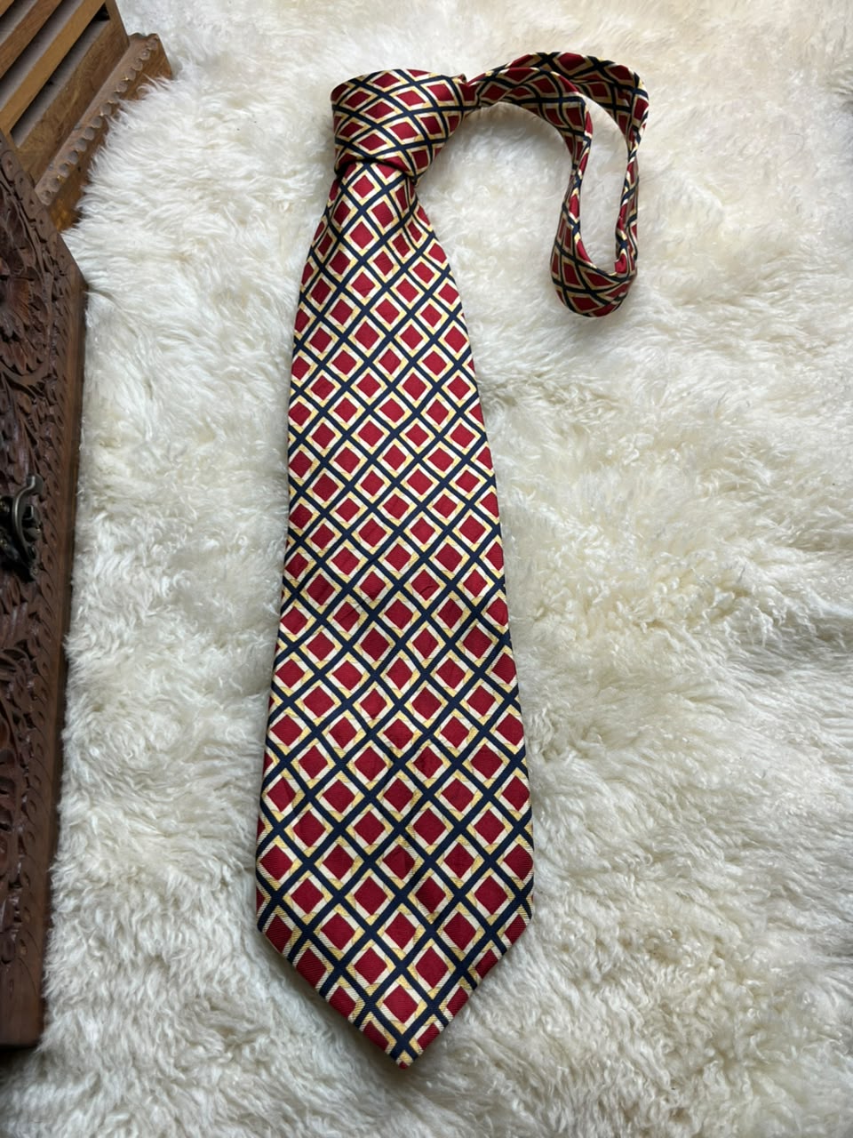 Burton Menswear Silk - Red Navy Gold Geometric Diamond tie