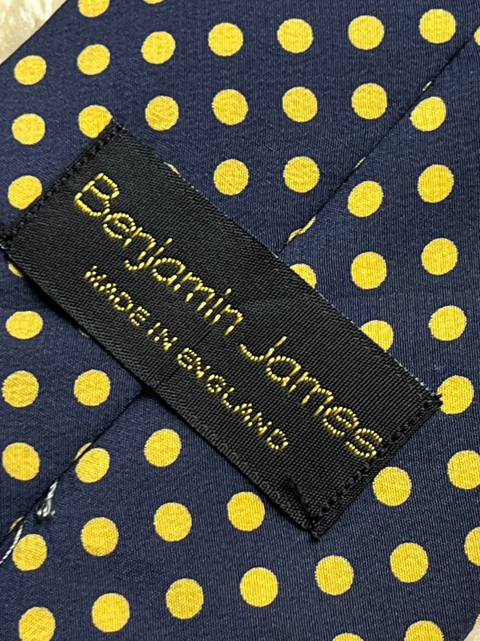 Benjamin James Silk Made in England - Navy Blue Yellow Polka Dot Tie
