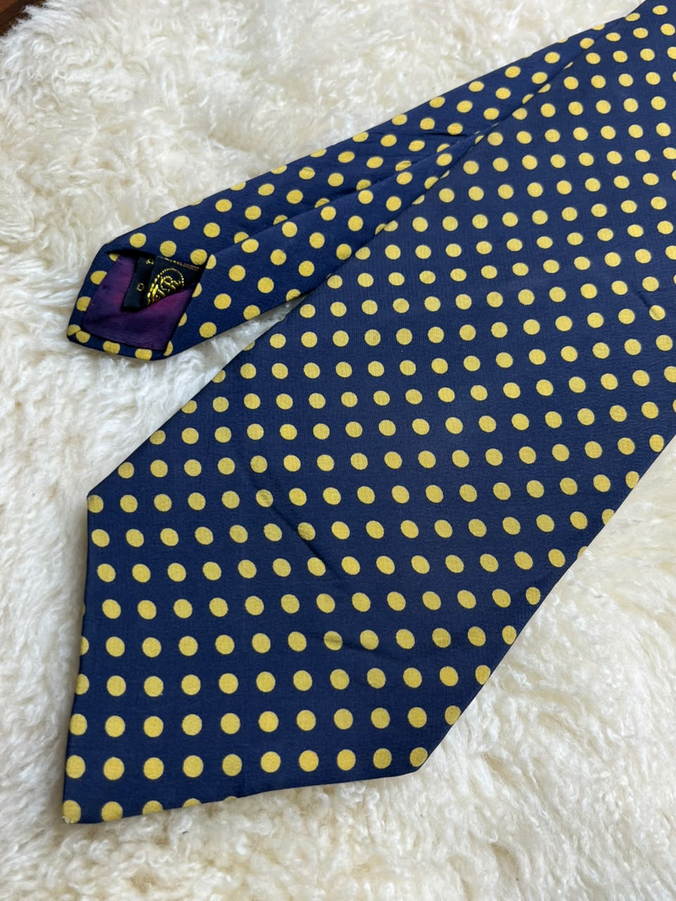 Benjamin James Silk Made in England - Navy Blue Yellow Polka Dot Tie