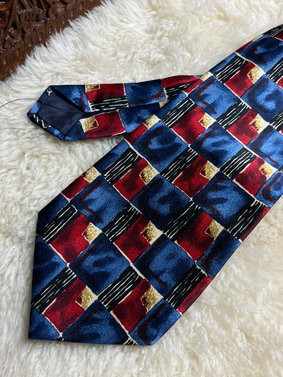 Charles Fox Savile Row Silk Tie - Blue Red Geometric Block Necktie