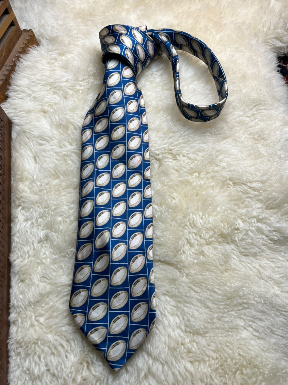 Past Times Silk - Blue Cream Football Rugby Ball Print Tie