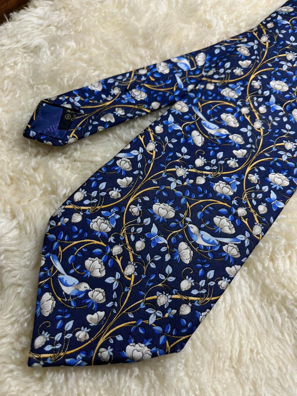 Liberty London Silk - Navy Blue Strawberry Thief Bird Print tie
