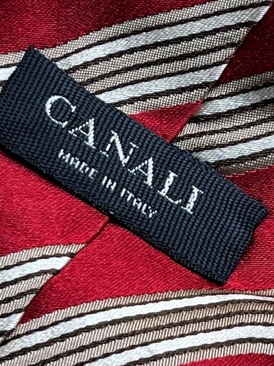 Canali Made In Italy Silk - Red Cream Brown Striped Luxury Tie