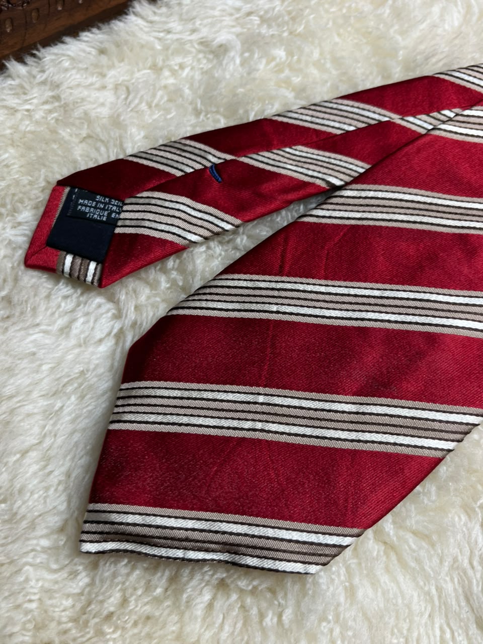 Canali Made In Italy Silk - Red Cream Brown Striped Luxury Tie