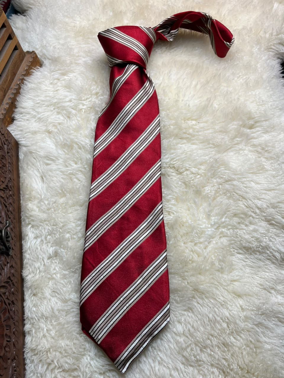 Canali Made In Italy Silk - Red Cream Brown Striped Luxury Tie