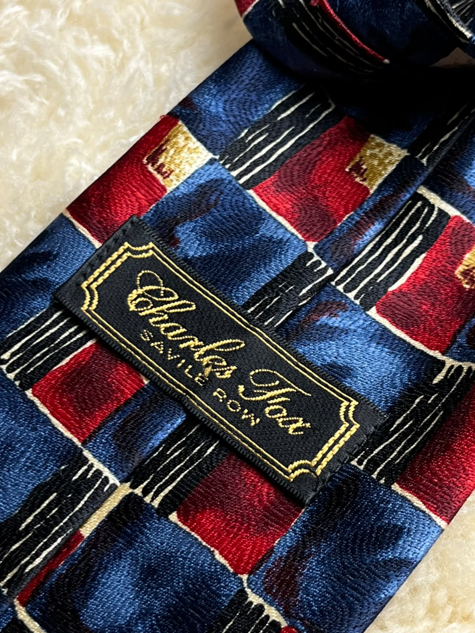 Charles Fox Savile Row Silk Tie - Blue Red Geometric Block Necktie