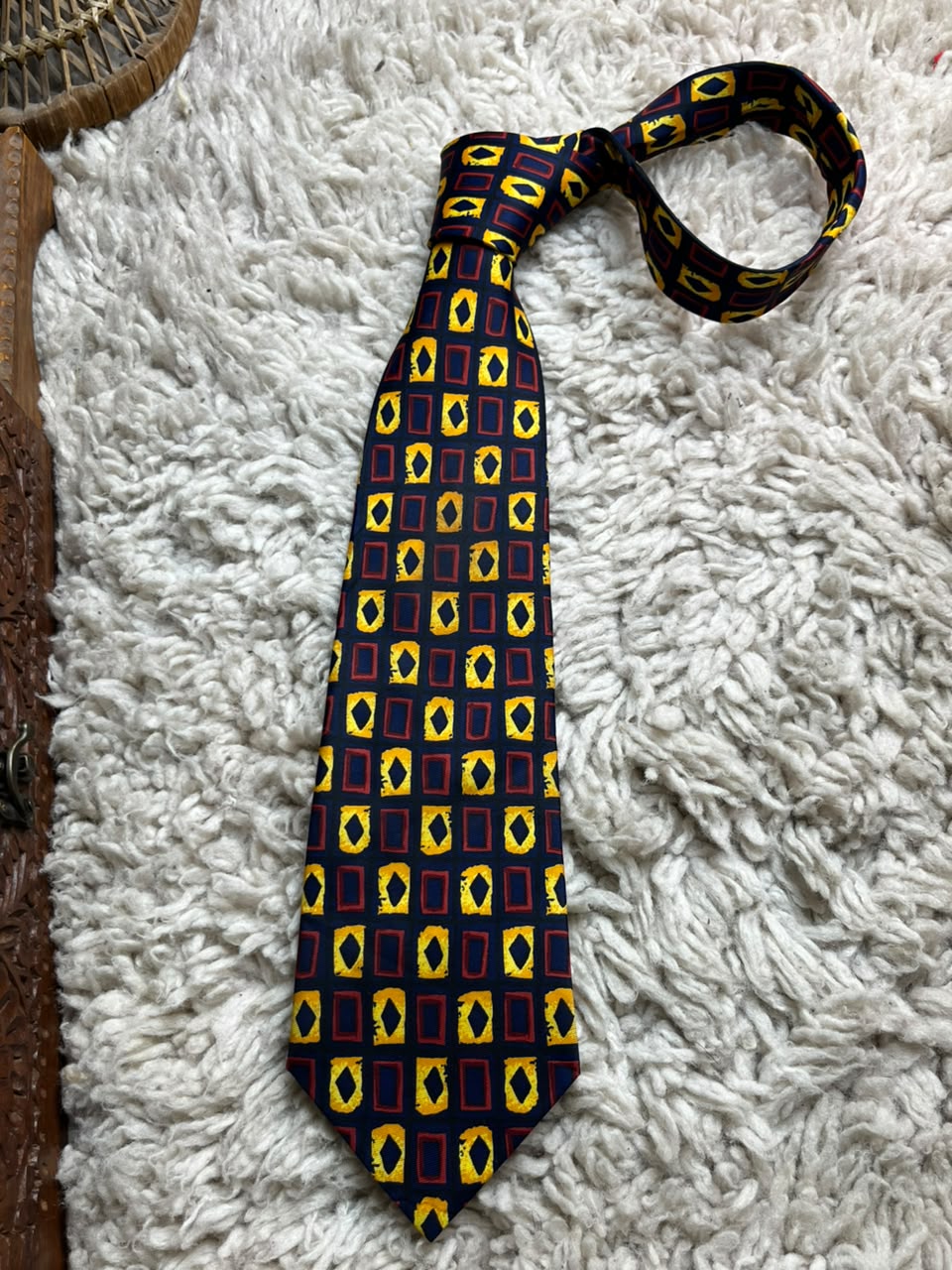 Burton Menswear - Navy Blue Yellow Red Geometric Block tie