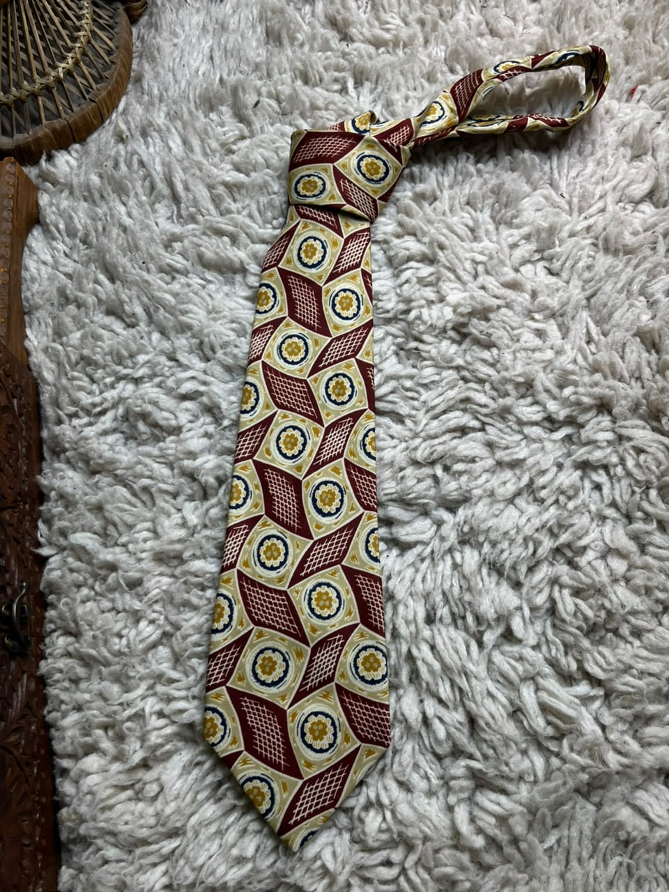 BHS - Burgundy Cream Mustard Geometric Medallion tie