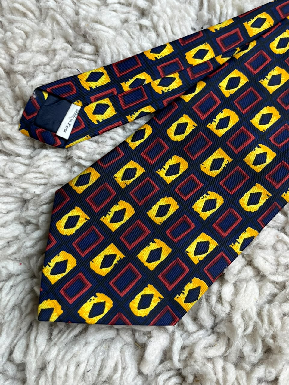 Burton Menswear - Navy Blue Yellow Red Geometric Block tie