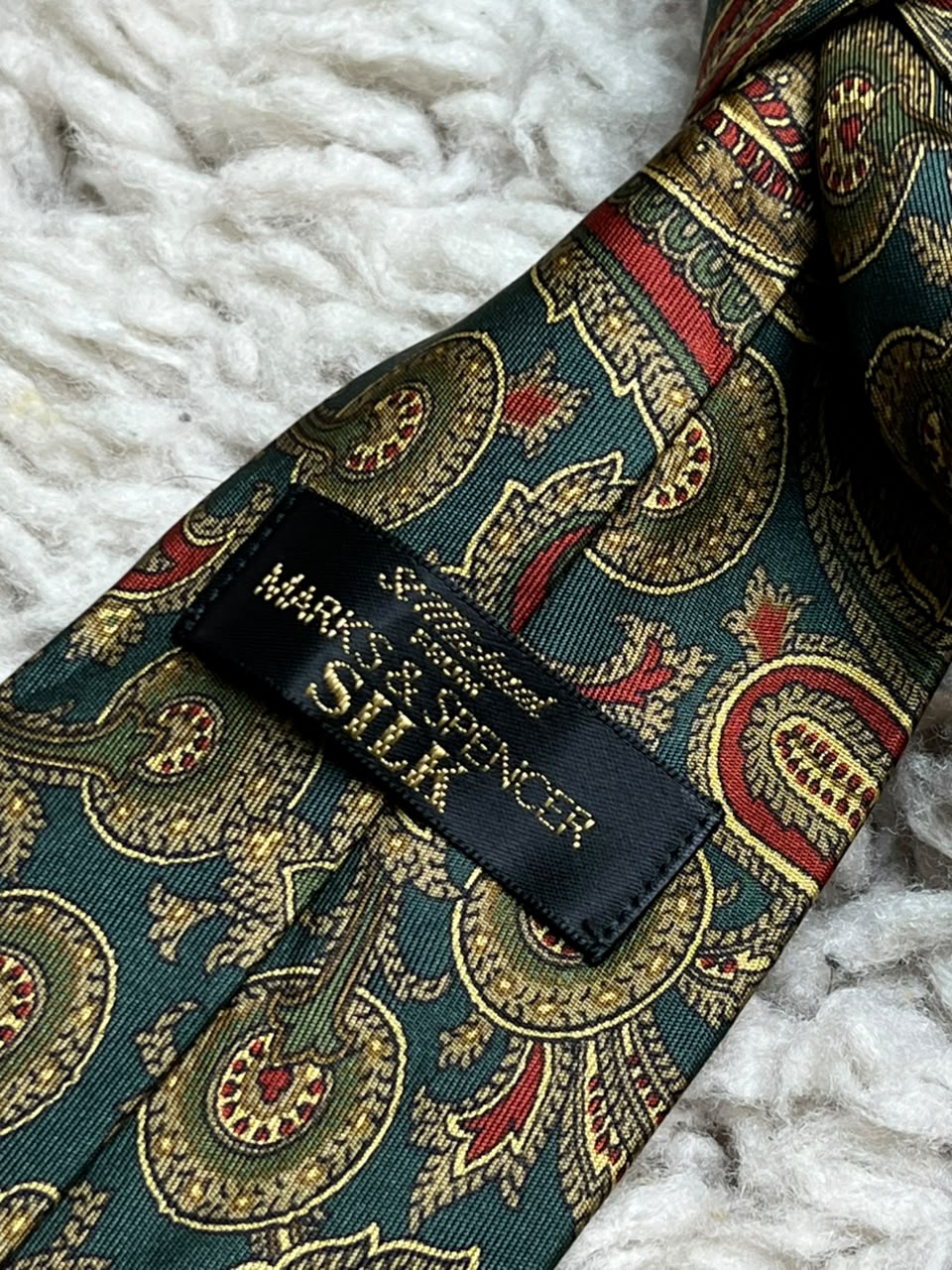 Vintage Marks & Spencer Silk - Forest Green Gold Red Paisley tie