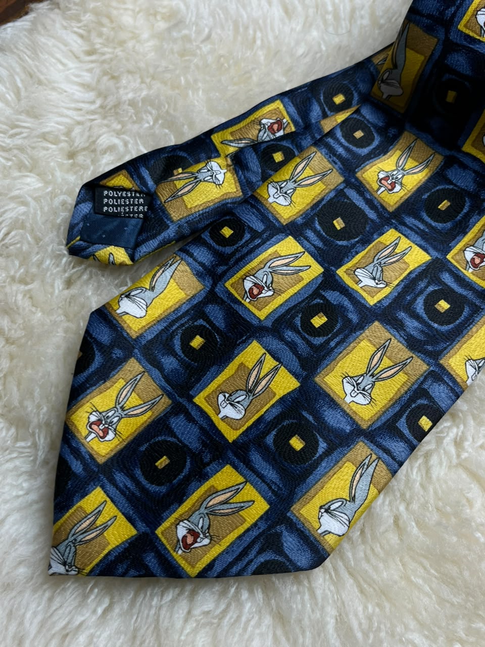 Vintage 1998 Looney Tunes Bugs Bunny - Blue Yellow Cartoon Grid Tie