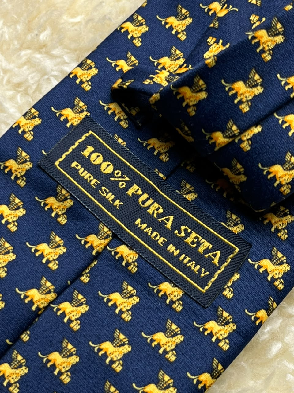 Italian Made Pure Silk - Navy Blue Winged Venetian Lion Print tie