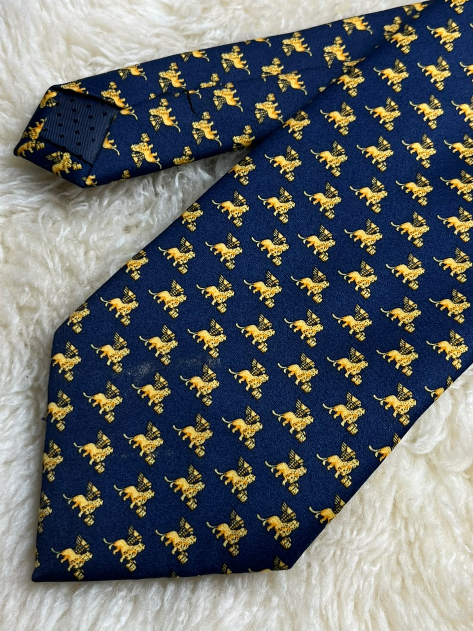 Italian Made Pure Silk - Navy Blue Winged Venetian Lion Print tie
