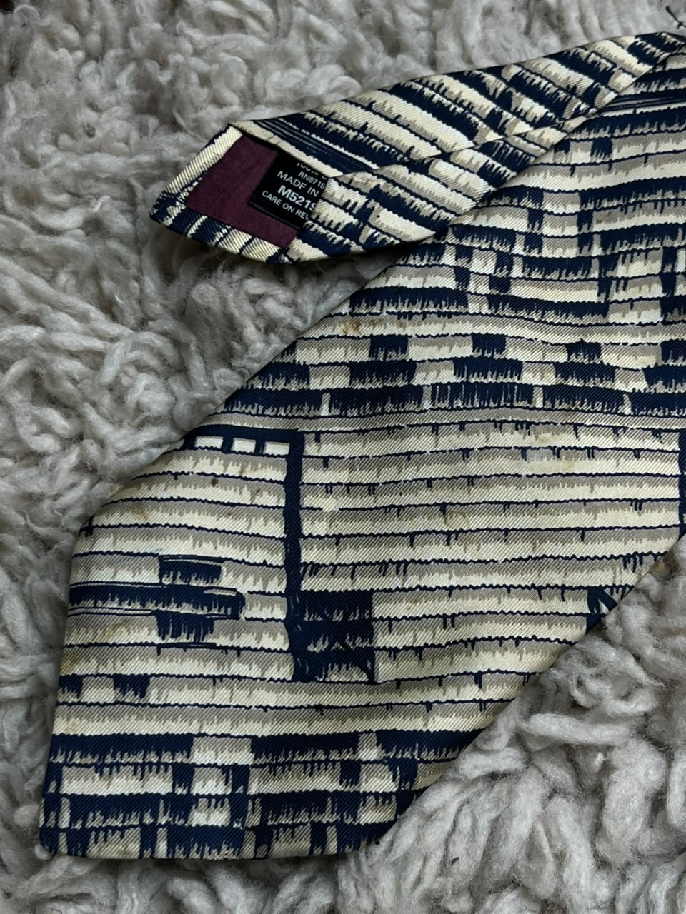 Next 100% Silk - Navy Cream Abstract Architectural Geometric tie