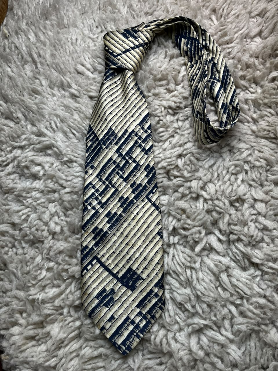 Next 100% Silk - Navy Cream Abstract Architectural Geometric tie