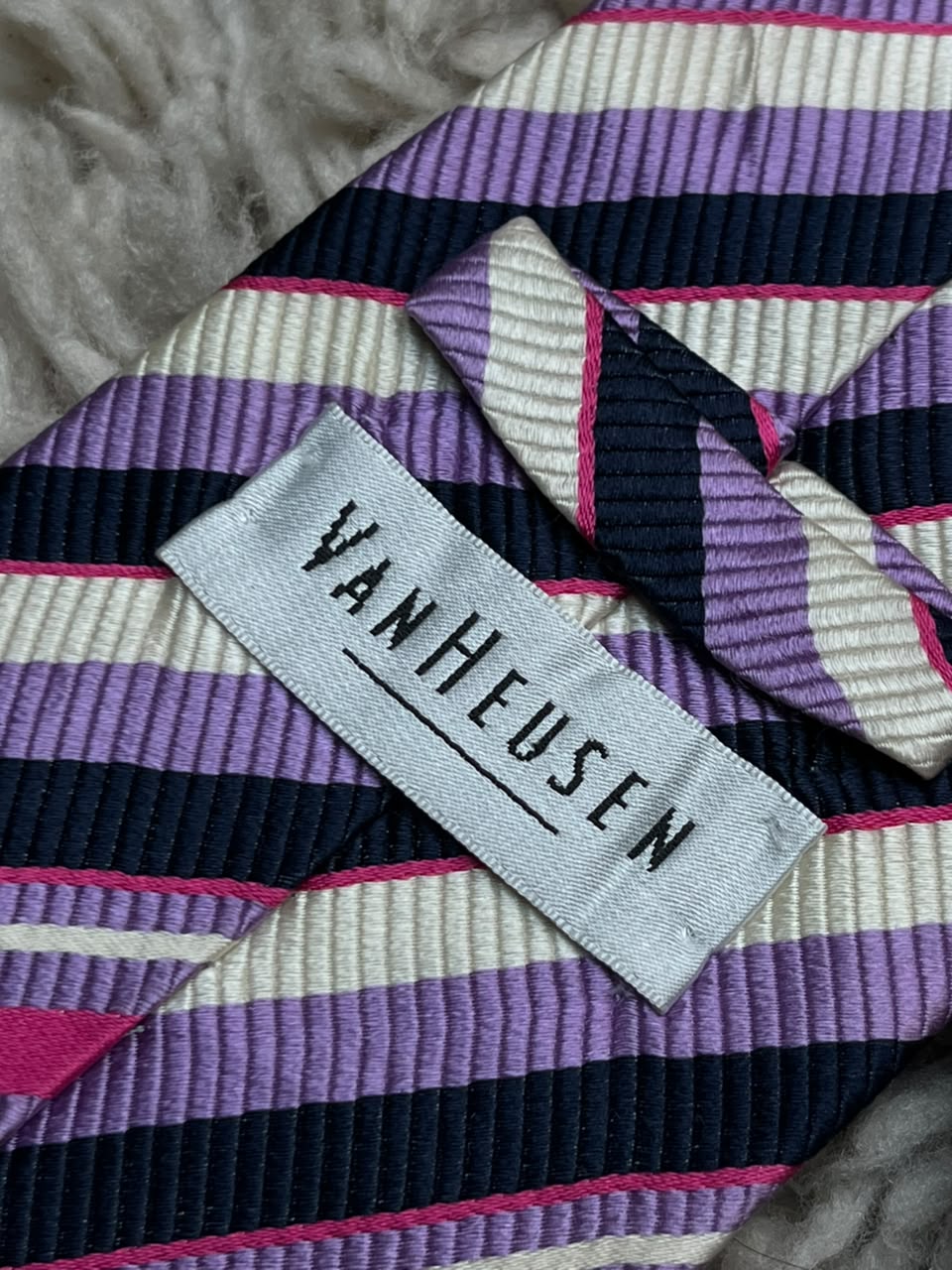 Van Heusen 100% Silk Striped - Navy Blue, Pink, Lavender & Cream Tie