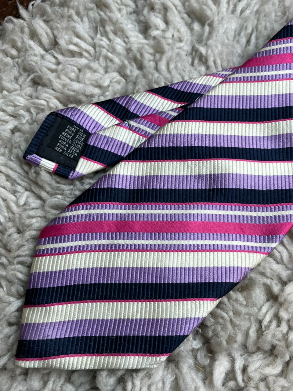 Van Heusen 100% Silk Striped - Navy Blue, Pink, Lavender & Cream Tie