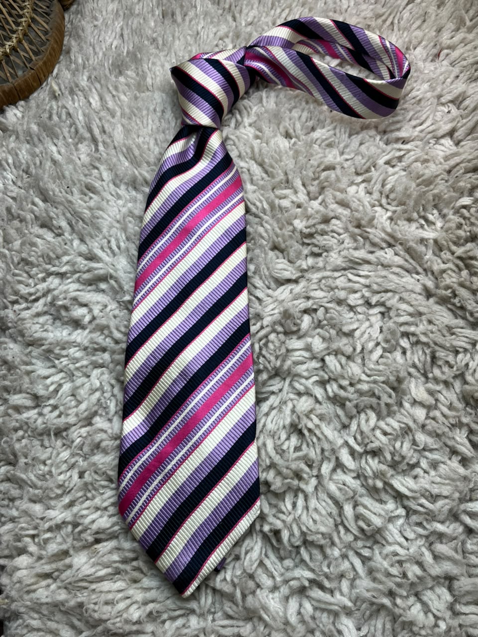 Van Heusen 100% Silk Striped - Navy Blue, Pink, Lavender & Cream Tie