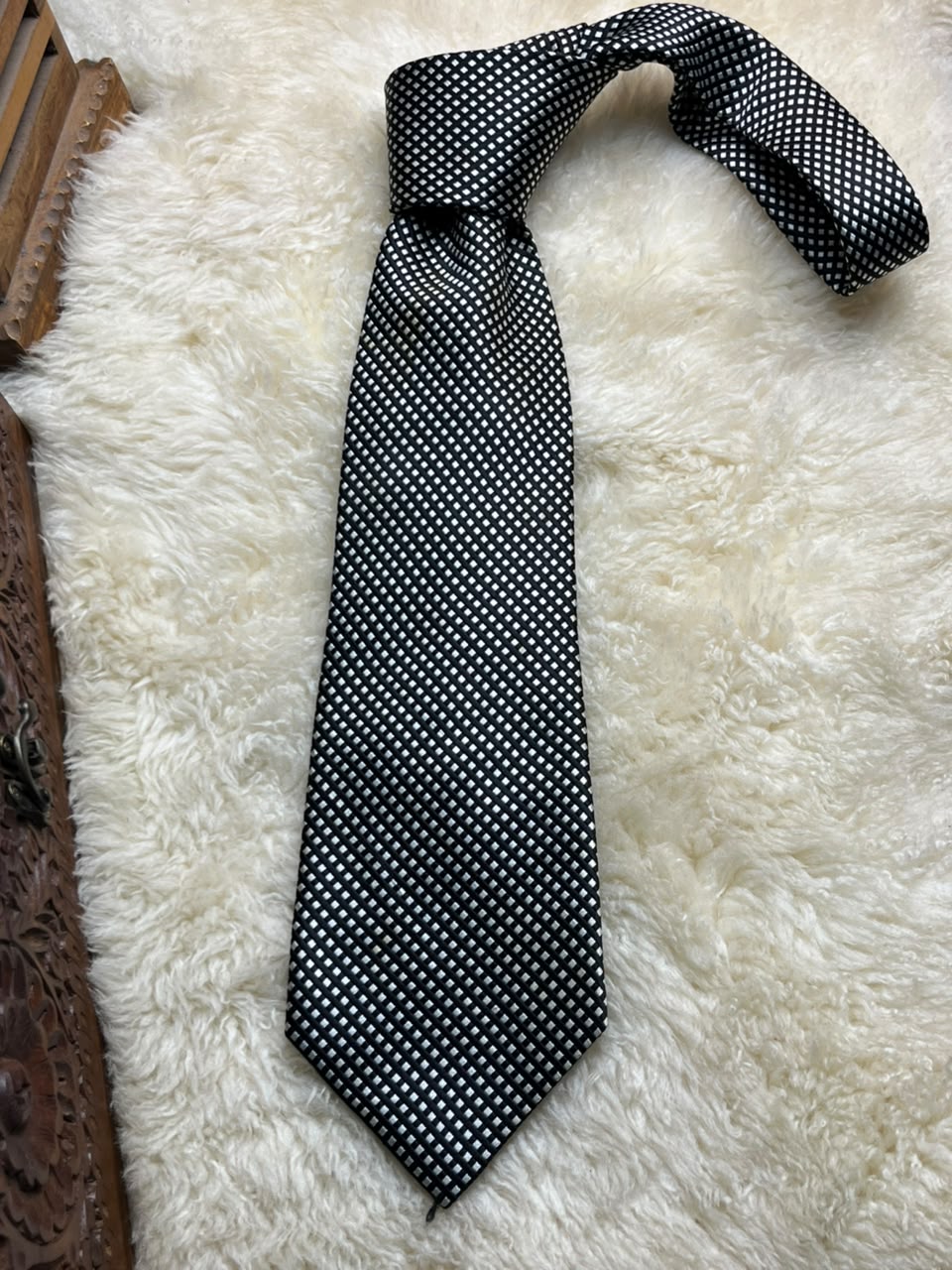 D'Alembi Pure Silk - Black & Silver Checkered Geometric Tie